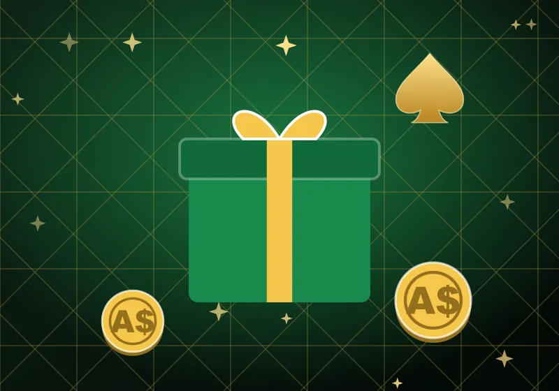 Green gift box with a gold ribbon next to a gold spade and A$ coins Green gift box with a gold ribbon next to a gold spade and A$ coins