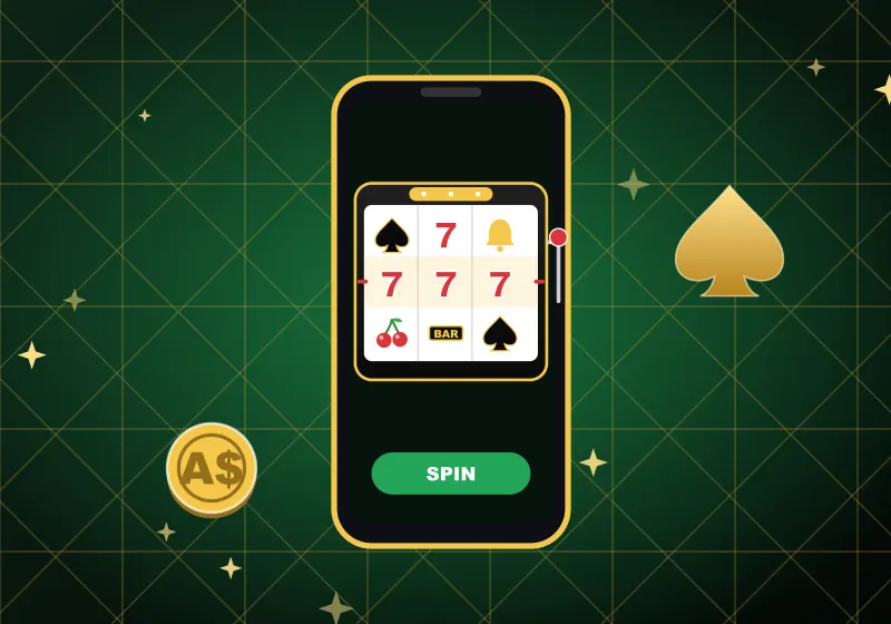 Phone with Spade69 pokies reels and a green SPIN button Phone with Spade69 pokies reels and a green SPIN button