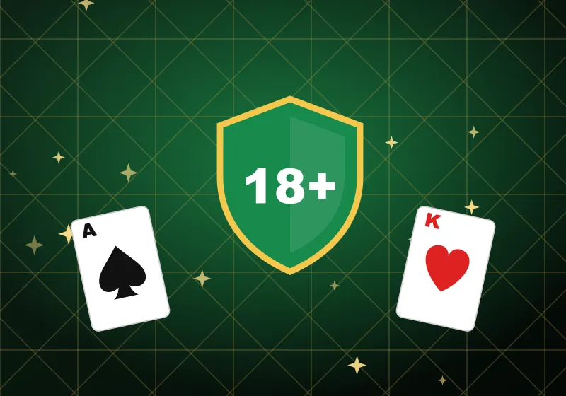 Shield with an 18+ sign between an ace of spades and a king of hearts Shield with an 18+ sign between an ace of spades and a king of hearts