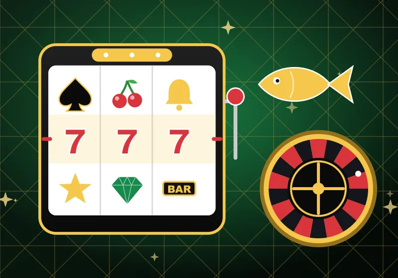 Slot machine with three sevens, a gold fish and a roulette wheel Slot machine with three sevens, a gold fish and a roulette wheel